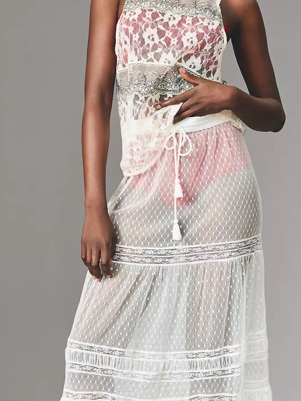 Anthropologie Ivory Sheer Polka-Dot Lace Maxi with Tassel Tie
